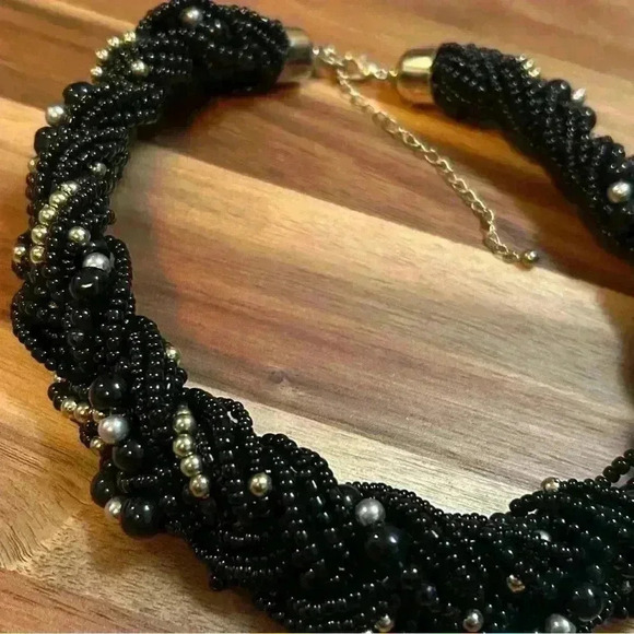 Large Braided Black and Gold Beaded Necklace - Picture 2 of 2